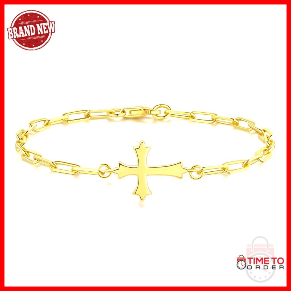 14k Gold Paperclip Bracelet Minimalist Elegant Cross Charm Adjustable Sizes